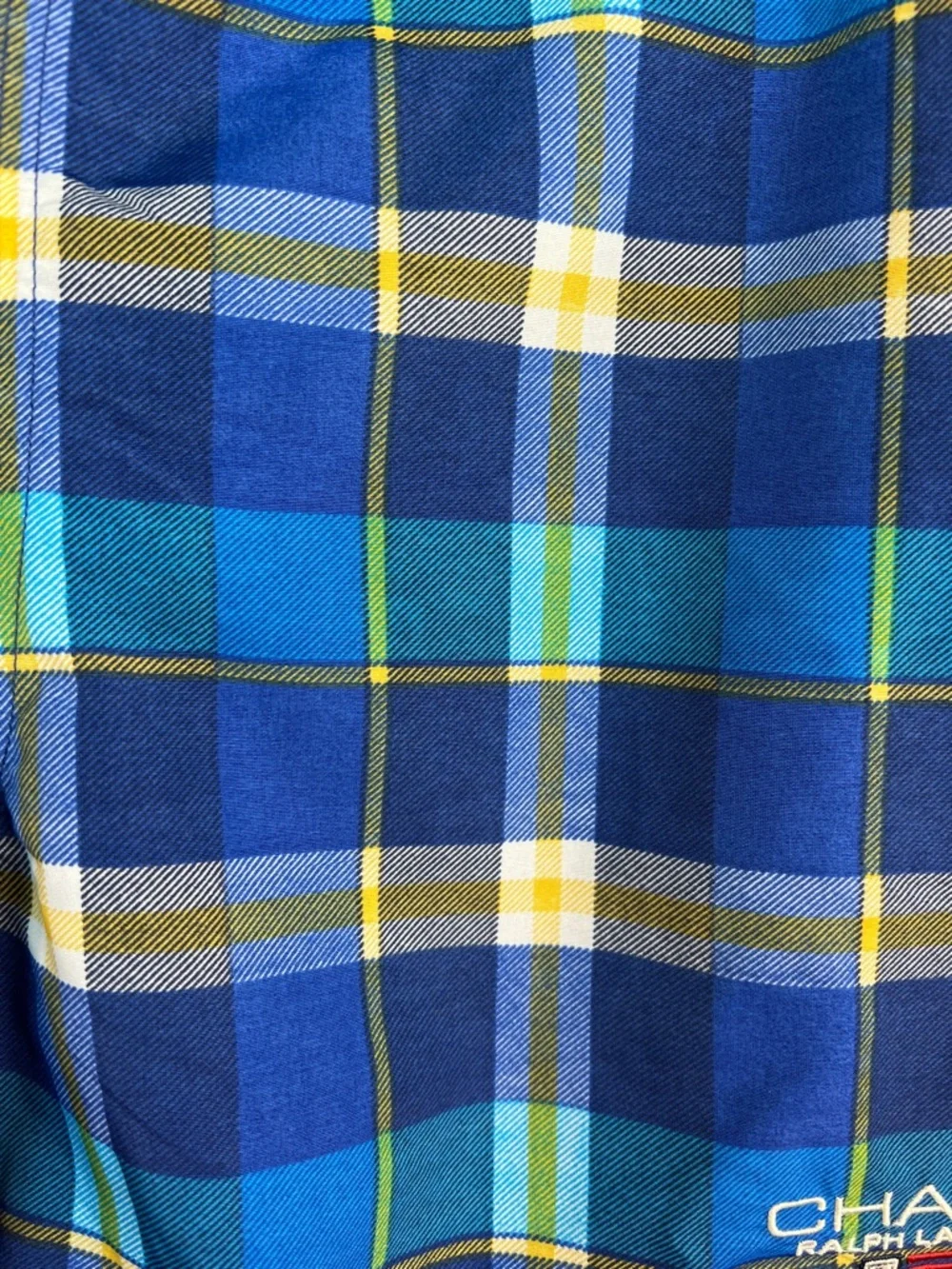 Ralph Lauren Blue Plaid Swim Trunks with Yellow Accents